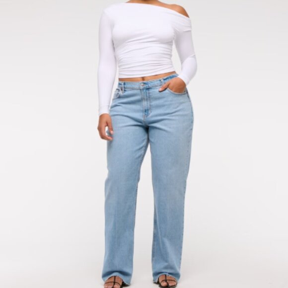 NWT Abercrombie & Fitch Curve Love Low Rise Baggy Jeans 36 22R Raw Hem Light - Picture 1 of 10